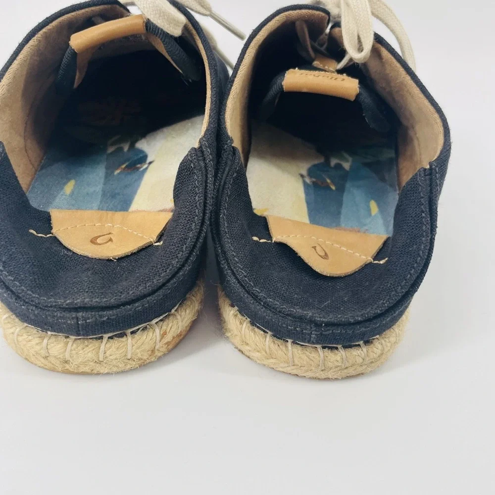 Olukai Kaula Pa'a Li Black Espadrille Sneakers Lace Up Shoes Women US 11 EU 41